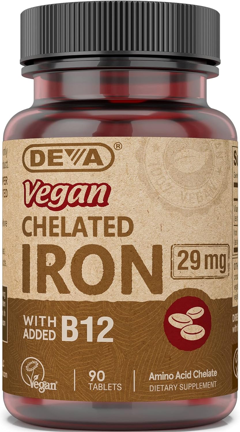 DEVA Vegan Chelated Iron with added Vitamin B-12, Dietary Supplement, 29 mg, 90 Count