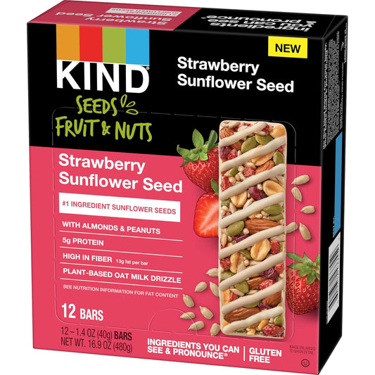 Kind Seeds Fruit & Nuts Snack Bar, Strawberry Sunflower Seed | 5G Protein, High Fiber, Gluten Free Bars, 1.4 Oz, 12 Count