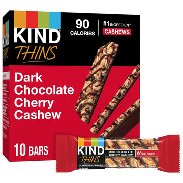 Kind Thins Dark Chocolate Cherry Chashew Bars, Gluten Free, 5G Sugar, 0.74 Oz Bars, 10 Count