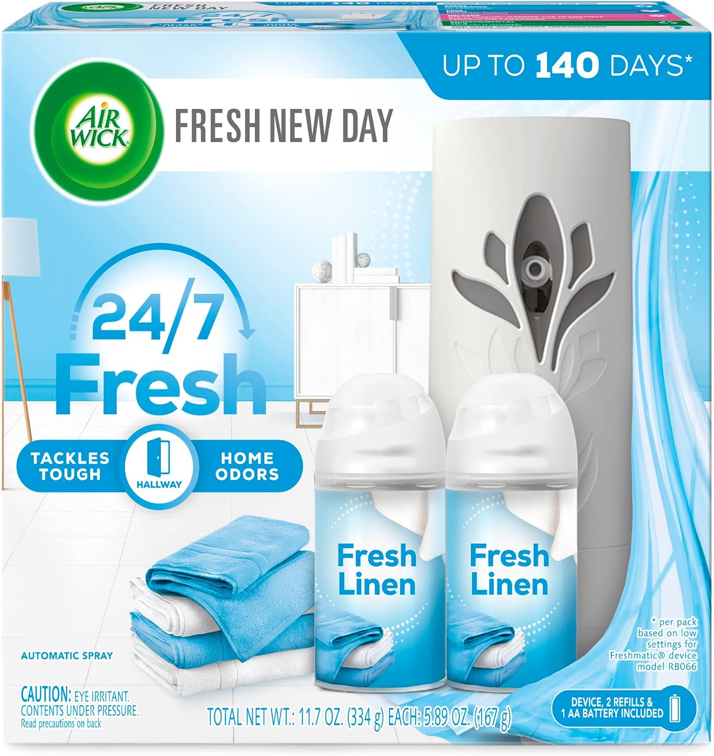 Air Wick Automatic Air Freshener Spray Starter Kit (Gadget + Refill), Fresh Linen, Air Freshener, Essential Oils