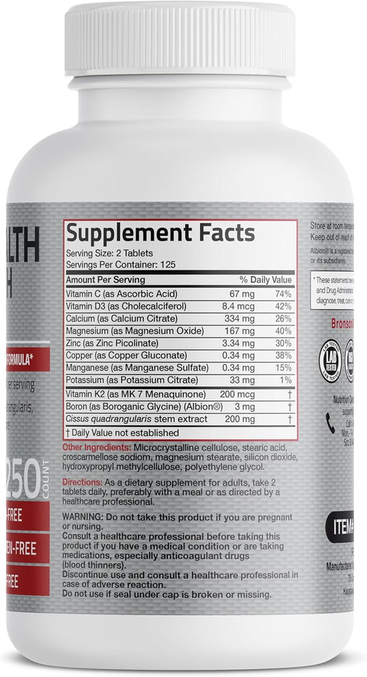 Bronson Bone Health & Strength Complex* High Potency Formula 200 Mcg Of Vitamin K2 As Mk7, Plus Calcium, Boron, Cissus Quadrangularis, Magnesium, Vitamin D3, And More - Non-Gmo, 250 Tablets