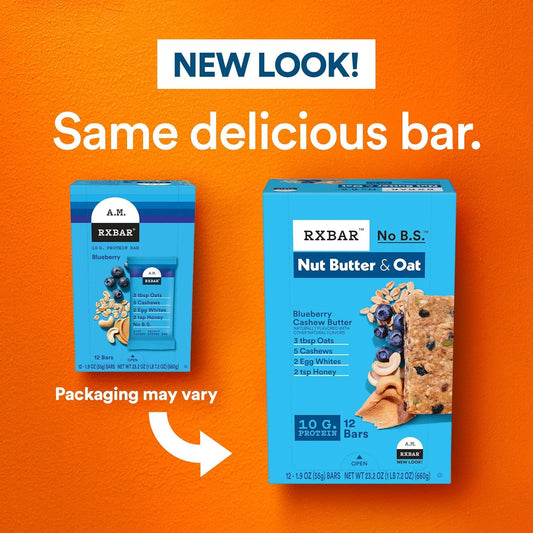 Rxbar Nut Butter And Oat Protein Bars, Protein Snacks, Snack Bars, Blueberry Cashew Butter, 23.2Oz Box (12 Bars)