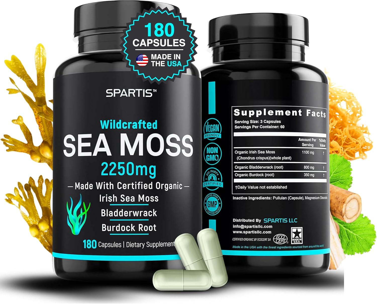 Certified Organic Sea Moss Capsules 2250Mg Wildcrafted Irish Sea Moss Burdock Root Bladderwrack Supplement For Energy Gut Health Skin & Joint Support Raw Seamoss Pills & Powder (Pack Of 1 At 180-Caps)