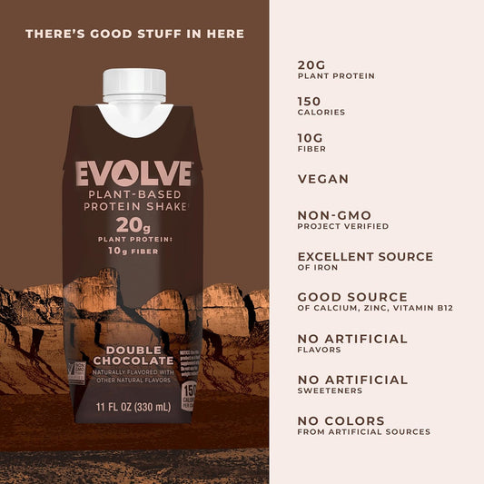 Evolve Plant Based Protein Shake, Double Chocolate, 20G Vegan Protein, Dairy Free, No Artificial Sweeteners, Non-Gmo, 10G Fiber, 11 Fl Oz (Pack Of 12) - (Formula May Vary)