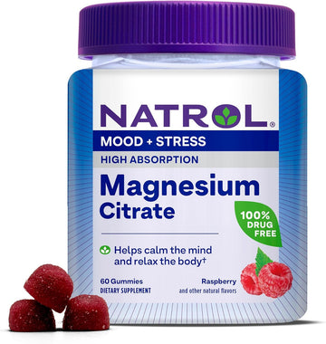 Natrol Mood + Stress Magnesium Citrate 330Mg, Dietary Supplement For Mood And Occasional Stress Support, 60 Raspberry-Flavored Gummies, 15-Day Supply