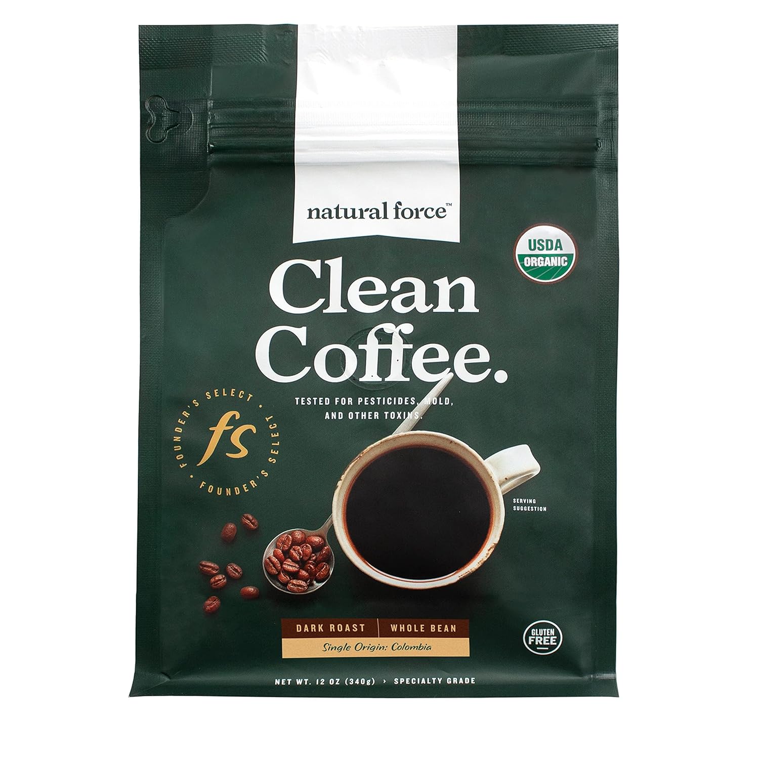 Natural Force - Organic Clean Coffee Dark, Mold & Mycotoxin Free, Lab Tested For Toxins & Purity, Low Acidity, Incredible Taste & Aroma, Founder'S Select Whole Bean Dark Roast, 12 Oz