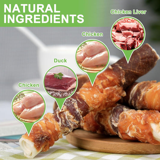 Mon2Sun Dog Treats, Triple Flavor 6 Inch Chicken Liver Chicken Duck And Chicken Wrapped Rawhide Sticks, Teeth Cleaning Dog Snacks For Medium Dogs, 35.27 Oz (20 Count-Pack Of 1)