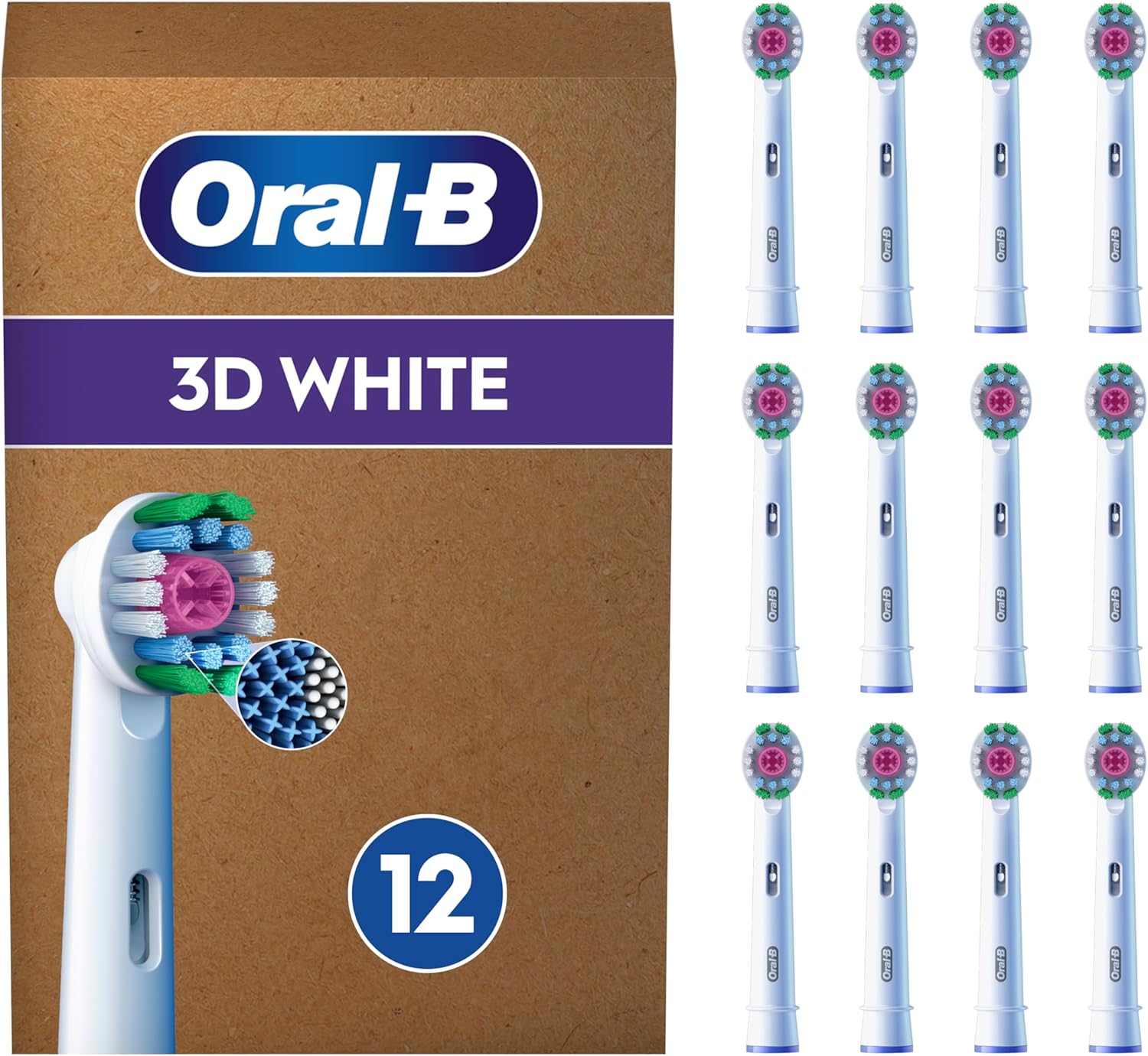 Oral-B Pro 3D White Original Electric Toothbrush Head,X-Shaped Bristles And Unique Polishing Cup For Teeth Whitening And To Remove Surface Stains,Pack Of 12 Toothbrush Heads,Suitable For Mailbox,White
