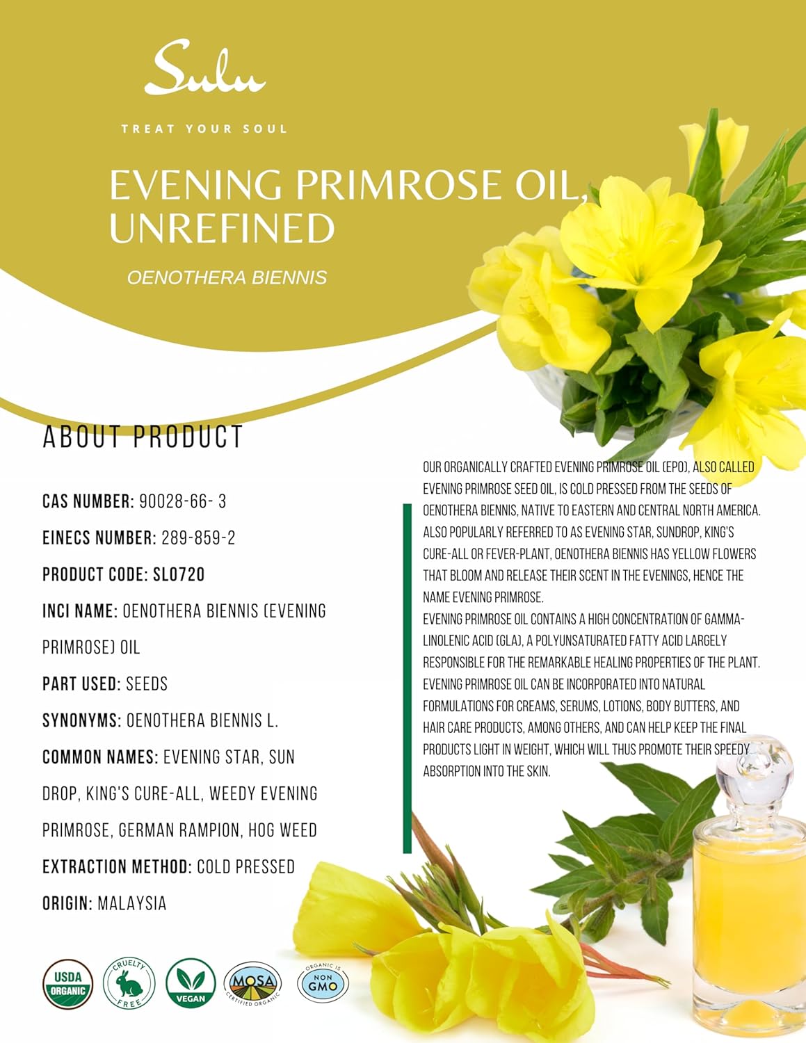 SULU ORGANICS Evening Primrose Oil-USDA Organic Cold Pressed Unrefined Virgin (16 fl.oz) : Beauty & Personal Care