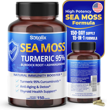 Sotalix Sea Moss Capsule 10100Mg With Ashwagandha, Burdock Root, Bladderwrack, Turmeric - Powerful Natural Immunity Booster - Usa Made (150 Count (Pack Of 1))