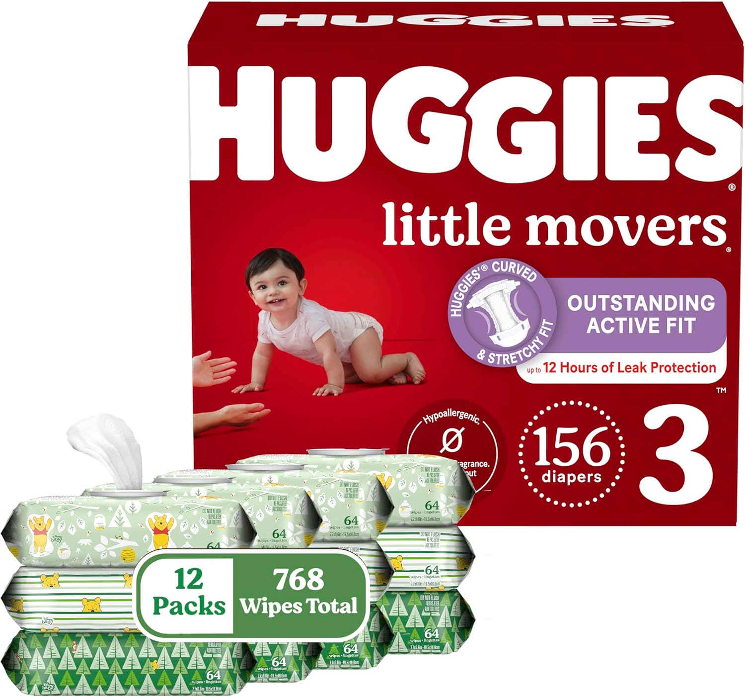 Huggies Little Movers + Wipes Bundle: Huggies Little Movers Baby Diapers, Size 3 (16-28 Lbs), 156 Count (6 Packs Of 26) & Huggies Natural Care Sensitive Baby Wipes, 768 Count (12 Packs Of 64)