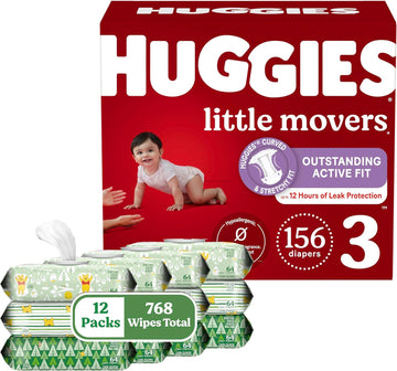 Huggies Little Movers + Wipes Bundle: Huggies Little Movers Baby Diapers, Size 3 (16-28 Lbs), 156 Count (6 Packs Of 26) & Huggies Natural Care Sensitive Baby Wipes, 768 Count (12 Packs Of 64)