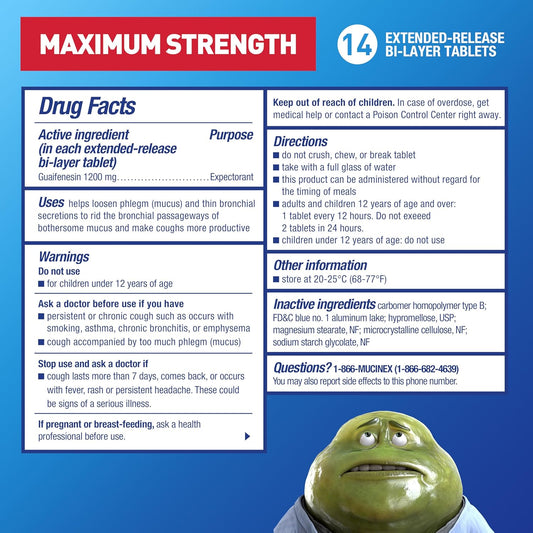 Mucinex Chest Congestion, Maximum Strength 12 Hour Extended Release Tablets, 14Ct, 1200 Mg Guaifenesin With Extended Relief Of Chest Congestion Caused By Excess Mucus, Thins And Loosens Mucus