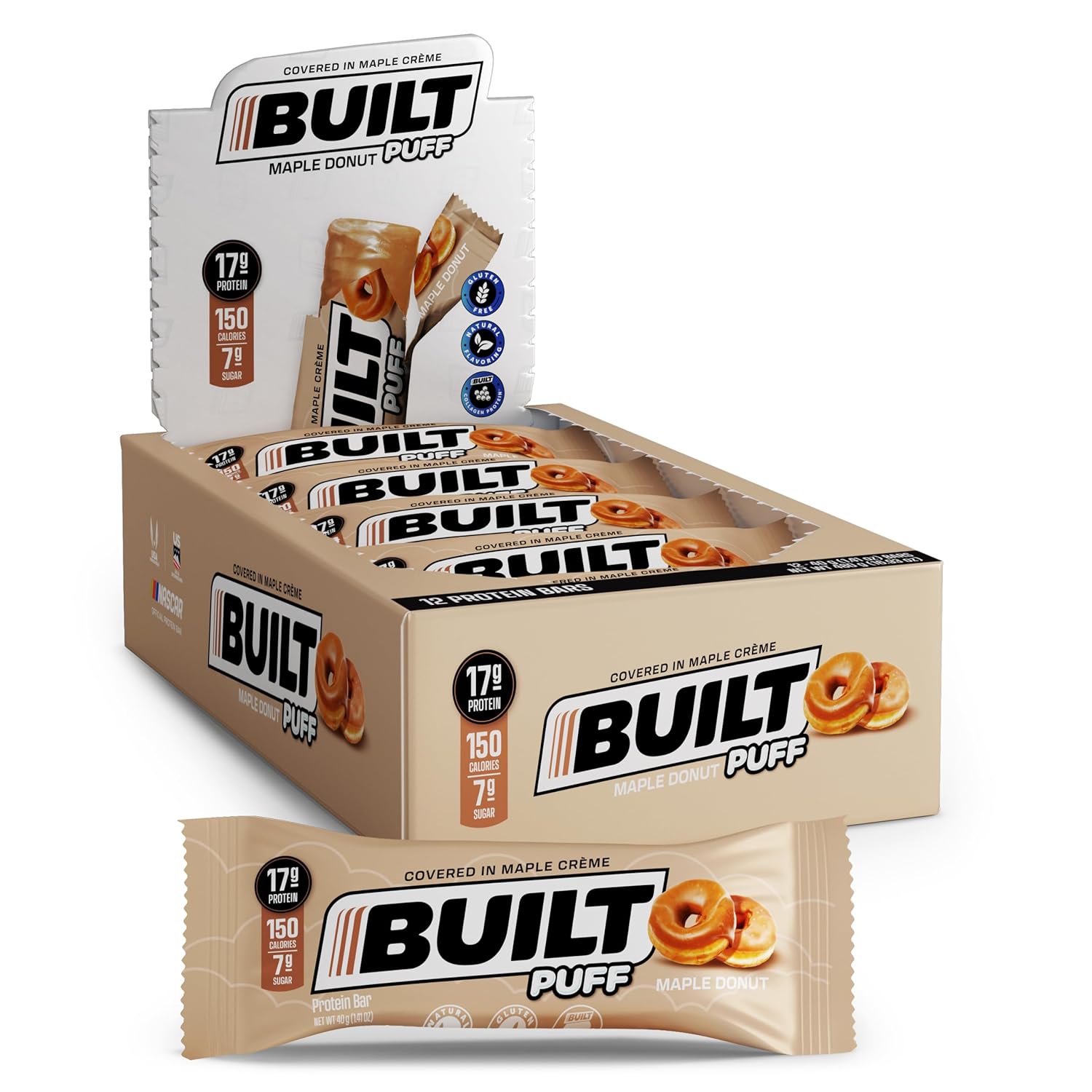 Built Puffs Bars, 12 Count Protein Bar - High Protein Energy Bars, Collagen, Gluten Free, Chocolate Covered, Low Carb, Low Calorie, Low Sugar, Delicious Protein, Healthy Snack (Maple Donut)