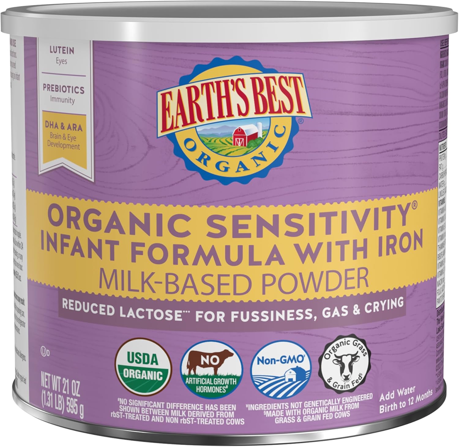 Earth'S Best Organic Sensitivity Infant Formula For Babies 0-12 Months, Reduced Lactose Powder Formula With Iron, Omega-3 Dha, And Omega-6 Ara, 32 Ounce Value Container