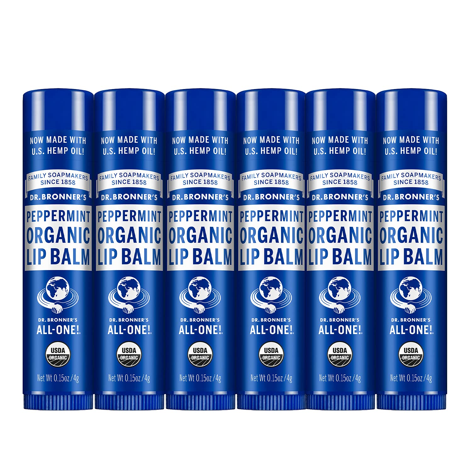 Dr. Bronner's - Organic Lip Balm (Peppermint, 0.15 ounce, 6-Pack) - Made with Organic Beeswax and Avocado Oil, For Dry Lips, Hands, Chin or Cheeks, Jojoba Oil for Added Moisture, Cooling and Hydrating