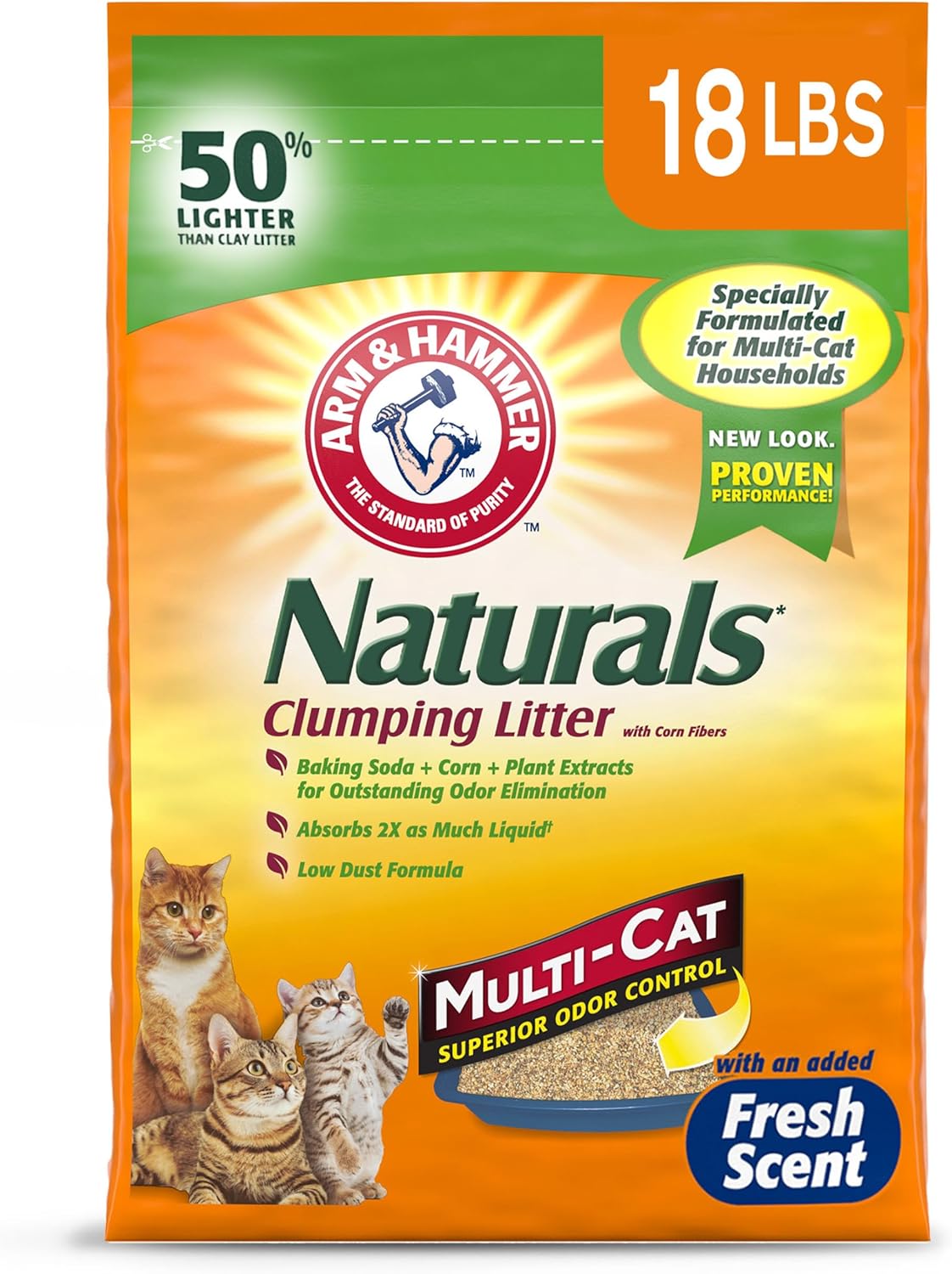 Arm & Hammer Naturals Clumping Cat, Litter Odor Control, Multi Cat Litter, 18 Lb. Bag
