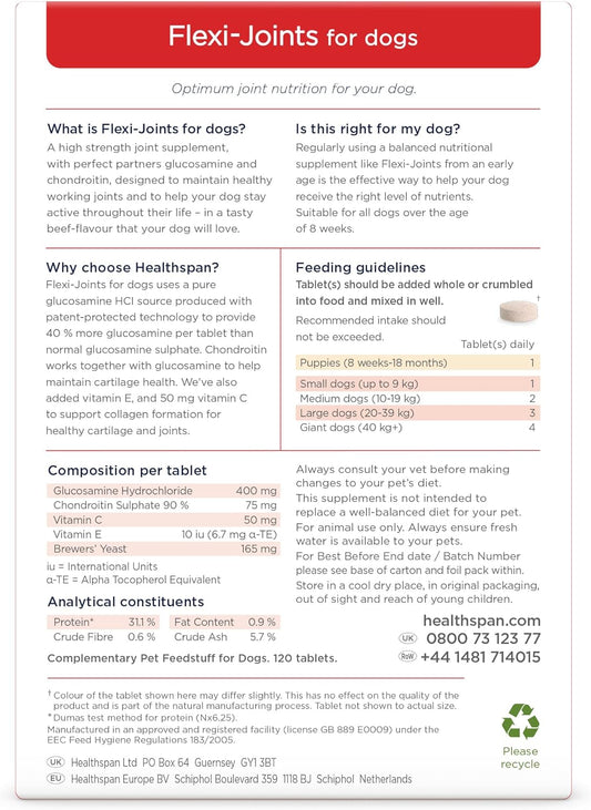 Healthspan Flexi-Joints For Dogs | High Strength Glucosamine & Chondroitin | With Vitamins C & E | Formulated to Support Joint Mobility | Beef Flavoured (120 Tablets)