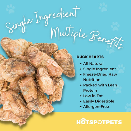 hotspot pets Freeze Dried Duck Heart Treats for Cats & Dogs - 1LB Big Bag - Single Ingredient All Natural Grain-Free Duck Hearts - Perfect for Training, Topper or Snack - Made in USA