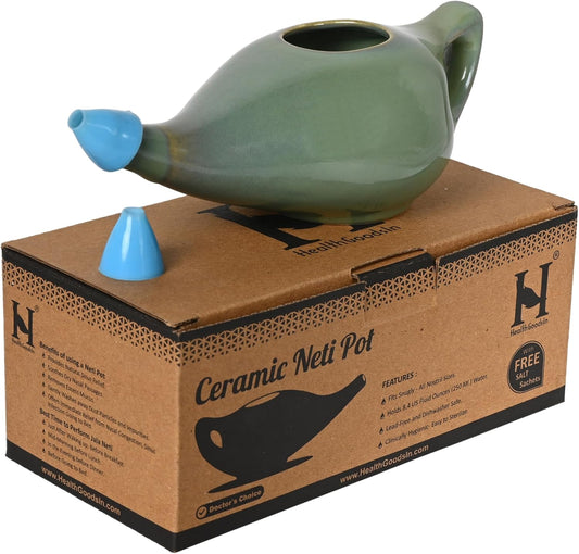 Healthgoodsin Ceramic Neti Pot, Premium Handcrafted Durable, Dishwasher Safe With 2 Silicone Nozzle Tip, 225 Ml. (7.6 Fl Oz) Capacity (Blue)