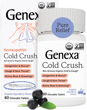 Genexa Cold Crush | Multi-Symptom Cough & Cold Relief For Adults | Delicious Organic Acai Berry Flavor | Certified Organic & Non-Gmo | Homeopathic Remedy Made Clean | 60 Chewable Tablets