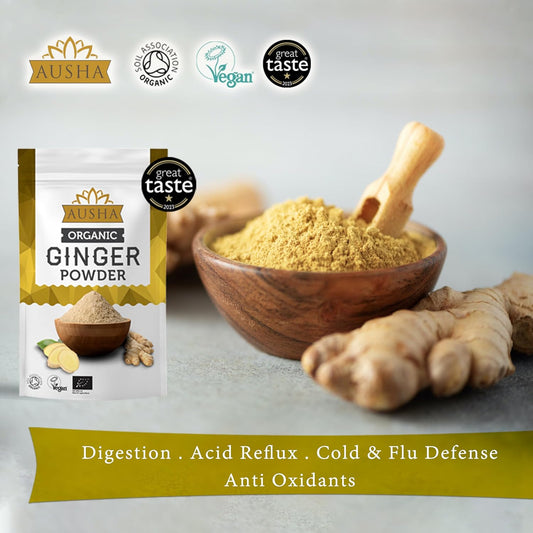 Ausha Organic Ginger Powder 100G - Uk Certified Orgainic By Soil Association -1* Great Taste Award - Cooking, Ginger Shot, Immunity, Digestion - Ground Ginger Root Powder, Ginger Tea