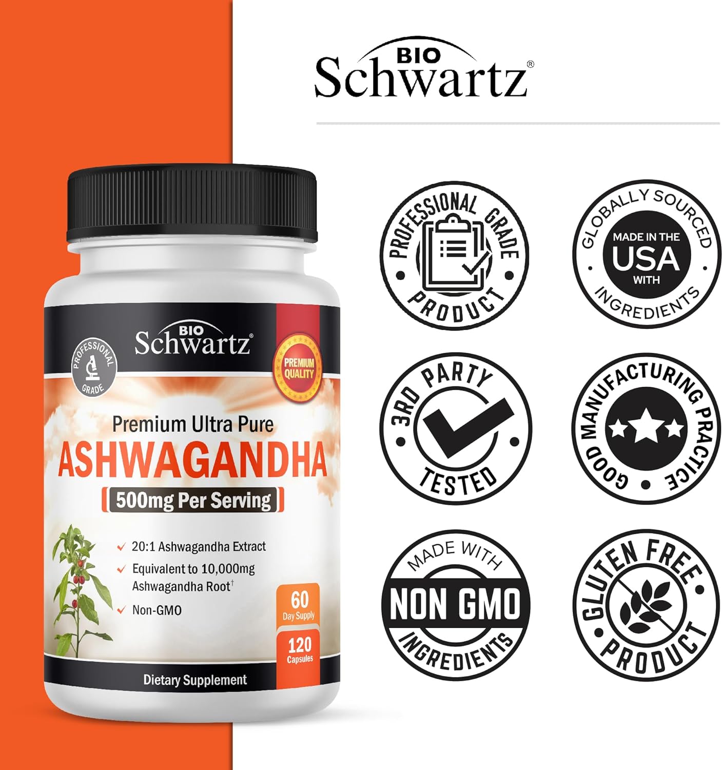 Ashwagandha Supplements - Extra Strength Ashwagandha Capsules with 500mg 20 to 1 Root Extract Equivalent to 10,000mg Ashwaganda Powder - Vegan Safe, Gluten Free, Non-GMO, 60 Servings (120 Count) : Health & Household