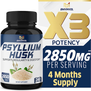 BMVINVOL Premium Psyllium Husk Capsules 2850mg - 4 Months Supply - Fenugreek, Turmeric, Ginger - Supports Digestive Health and Regularity - 240 Capsules