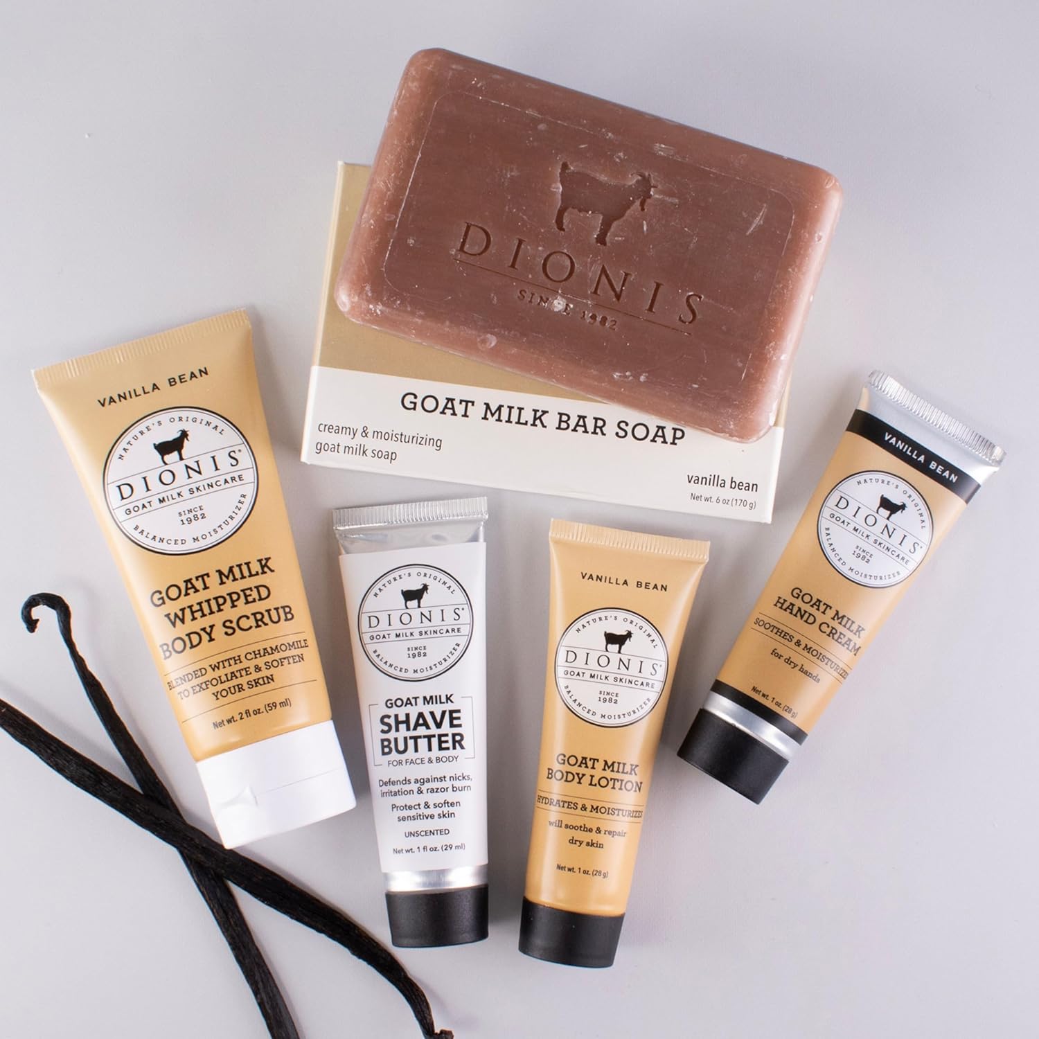 Dionis Goat Milk Skincare Vanilla Bean 6 Piece Self Care Essentials Travel Set - Bar Soap, Shave Butter, Hand Cream, Body Lotion & Whipped Sugar Body Scrub In Resealable Leak Resistant Carrying Case : Beauty & Personal Care