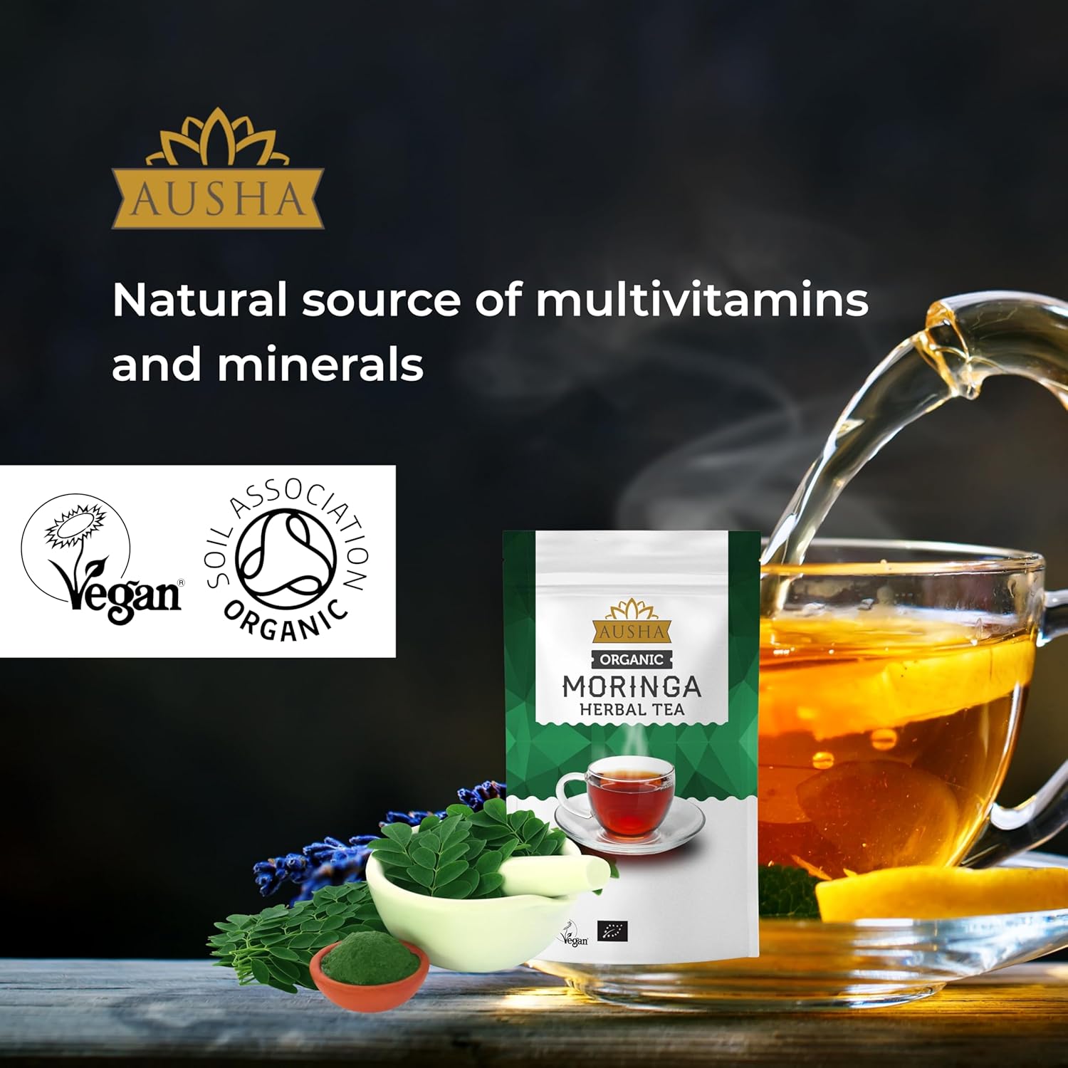 Ausha Organic Moringa Tea 100 grams | Moringa Leaves, Caffeine Free,Fibre,Calcium | UK Certified Organic by Soil Association : Amazon.co.uk: Grocery