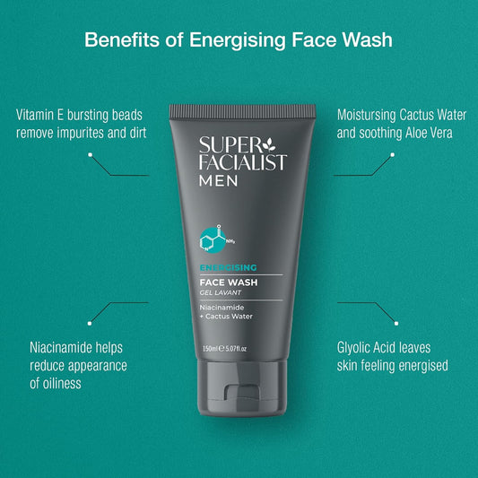Super Facialist For Men Energising Face Wash With Vitamin B 3 - Remove Impurities & Hydrate Skin With Hyaluronic Acid, Magnesium & Vitamin E - Oil Free, Vegan Friendly, 150 Ml