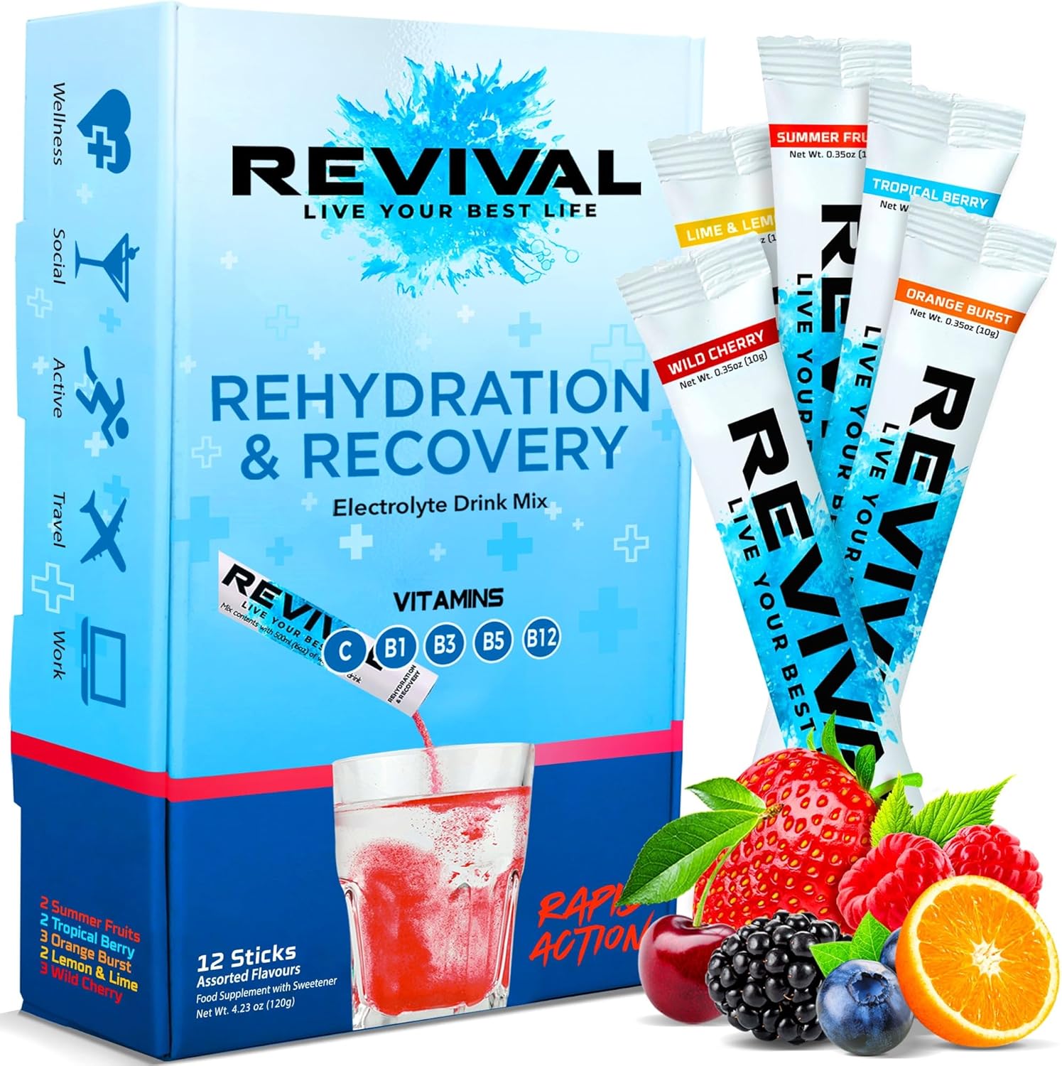 Revival Rapid Rehydration, Electrolytes Powder - High Strength Vitamin C, B1, B3, B5, B12 Supplement Sachet Drink, Effervescent Electrolyte Hydration Tablets - 6 Pack Orange