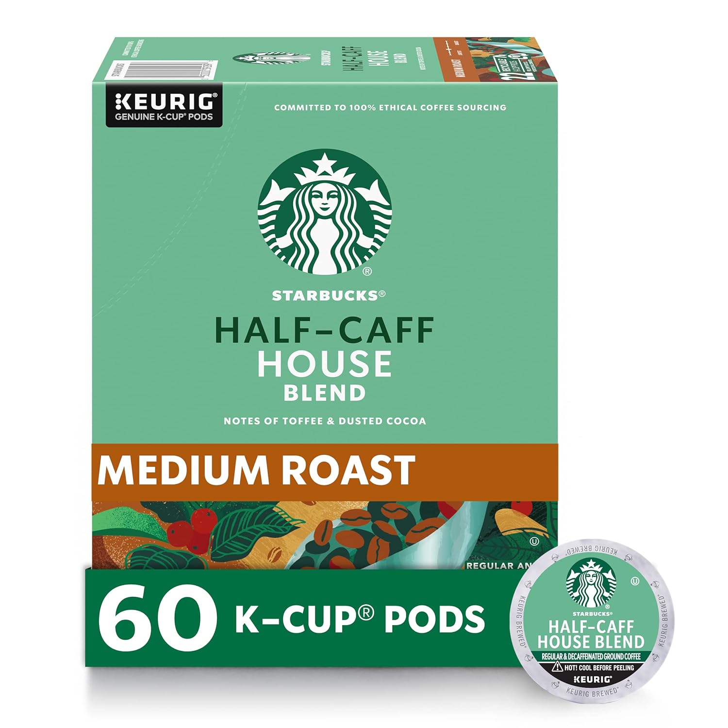Starbucks K-Cup Coffee Pods, Medium Roast Coffee, Half-Caff House Blend For Keurig Brewers, 100% Arabica, 6 Boxes (60 Pods Total)