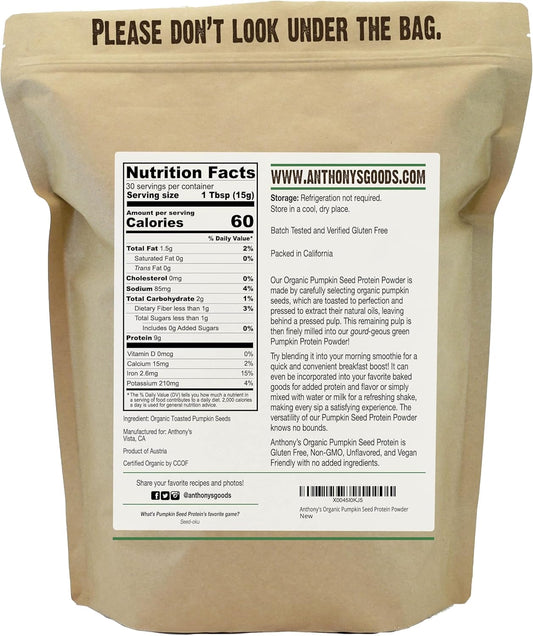 Anthony'S Organic Pumpkin Seed Protein Powder, 1Lb, Gluten Free, Non Gmo, Unflavored, Plant-Based Protein