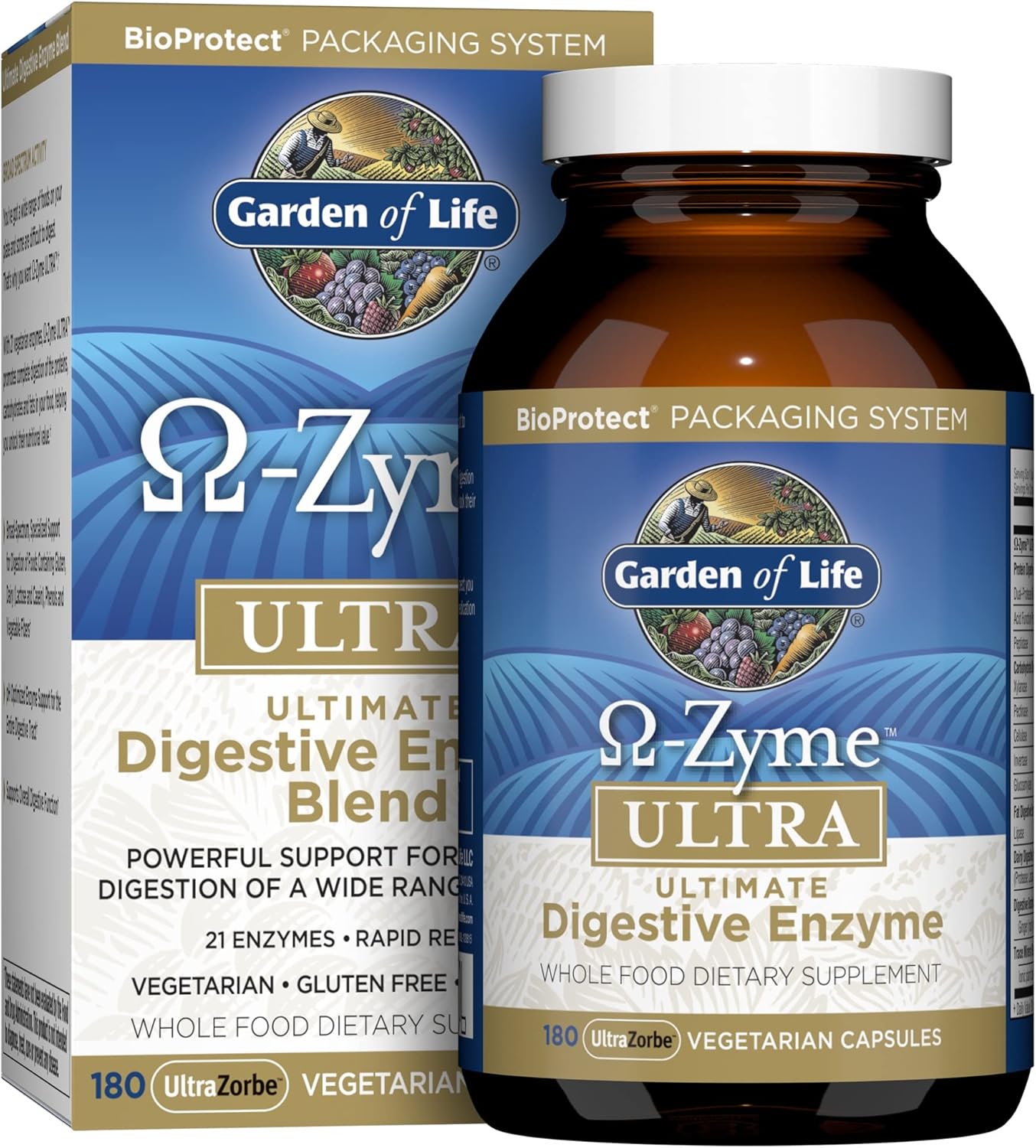 Garden of Life Vegetarian Digestive Supplement - Omega Zyme Ultra Enzyme Blend for Digestion, Bloating, Gas, and IBS, 180 Capsules