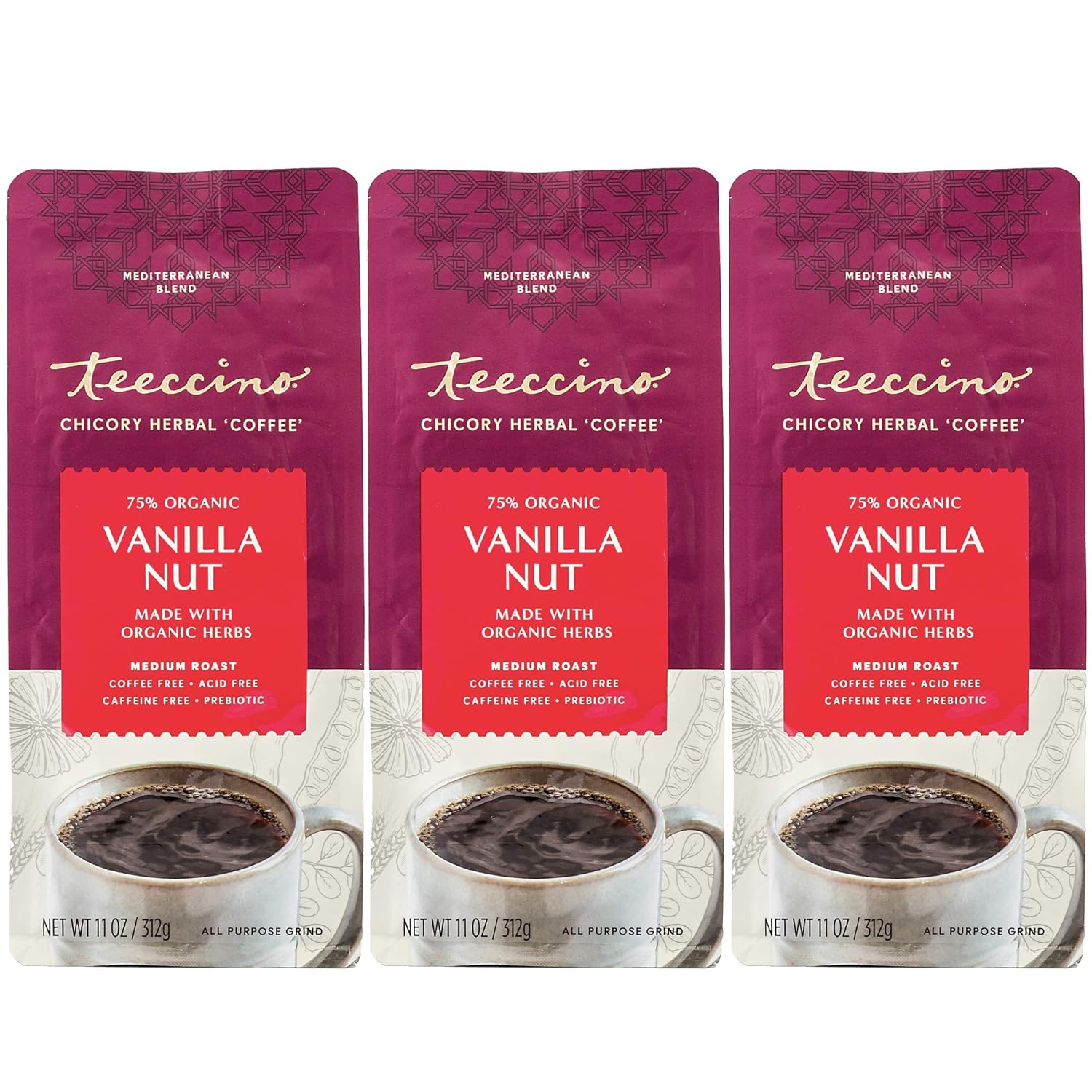 Teeccino Vanilla Nut Chicory Coffee Alternative - Ground Herbal Coffee That’S Prebiotic, Caffeine Free & Acid Free, Medium Roast, 11 Ounce (Pack Of 3)