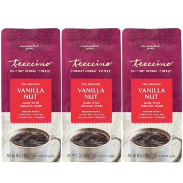 Teeccino Vanilla Nut Chicory Coffee Alternative - Ground Herbal Coffee That’S Prebiotic, Caffeine Free & Acid Free, Medium Roast, 11 Ounce (Pack Of 3)