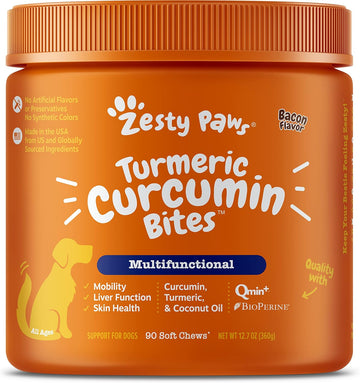 Zesty Paws Turmeric Curcumin For Dogs - For Hip & Joint Mobility Supports Canine Digestive Cardiovascular & Liver Health - Coconut Oil For Skin Health With 95% Curcuminoids + Bioperine Bacon, 90 Count