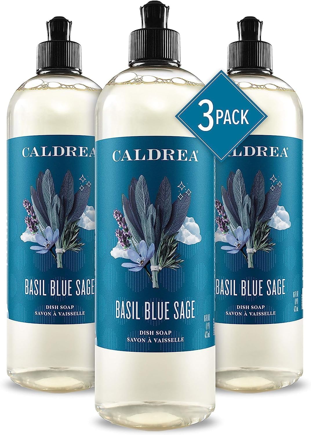 Caldrea Dish Soap, Biodegradable Dishwashing Liquid made with Soap Bark and Aloe Vera, Basil Blue Sage Scent, 16 oz , 3 Pack