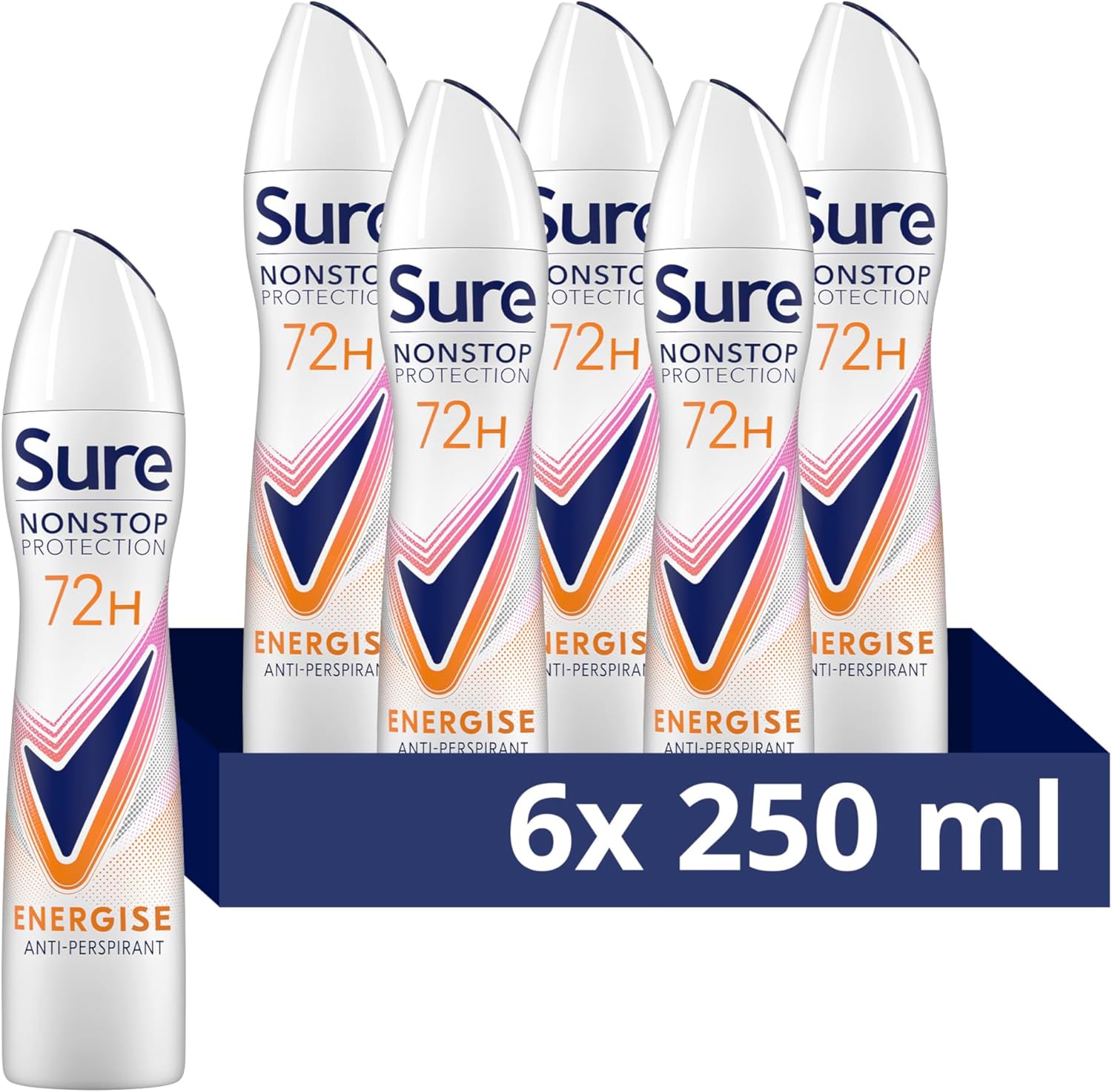 Sure Nonstop Protection Energise Anti-Perspirant Aerosol Women'S Deodorant Spray With Body Heat Activated Technology And A Mandarin & Mango Scent For 72 Hour Odour And Sweat Protection 6X 250 Ml