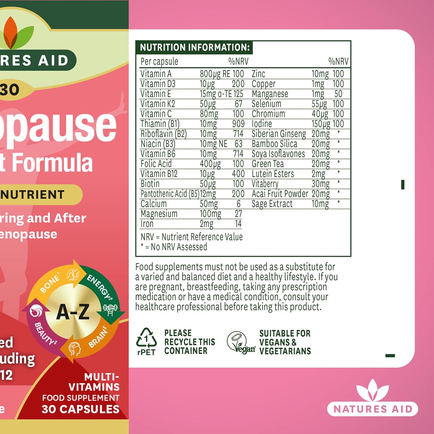 Natures Aid Menopause Support Formula – Multivitamin with SOYA Isoflavones & Sage Tablets – Supports Hormonal Balance, Energy & Mood – Vegan, Gluten Free, Non-GMO – 30 Capsules : Amazon.co.uk: Health & Personal Care