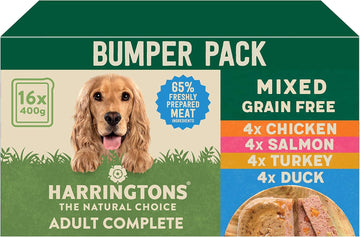 Harringtons Complete Wet Tray Grain Free Hypoallergenic Adult Dog Food Mixed Bumper Pack 16x400g - Chicken, Salmon, Turkey & Duck - Made with All Natural Ingredients?HARRWBUMP-C400