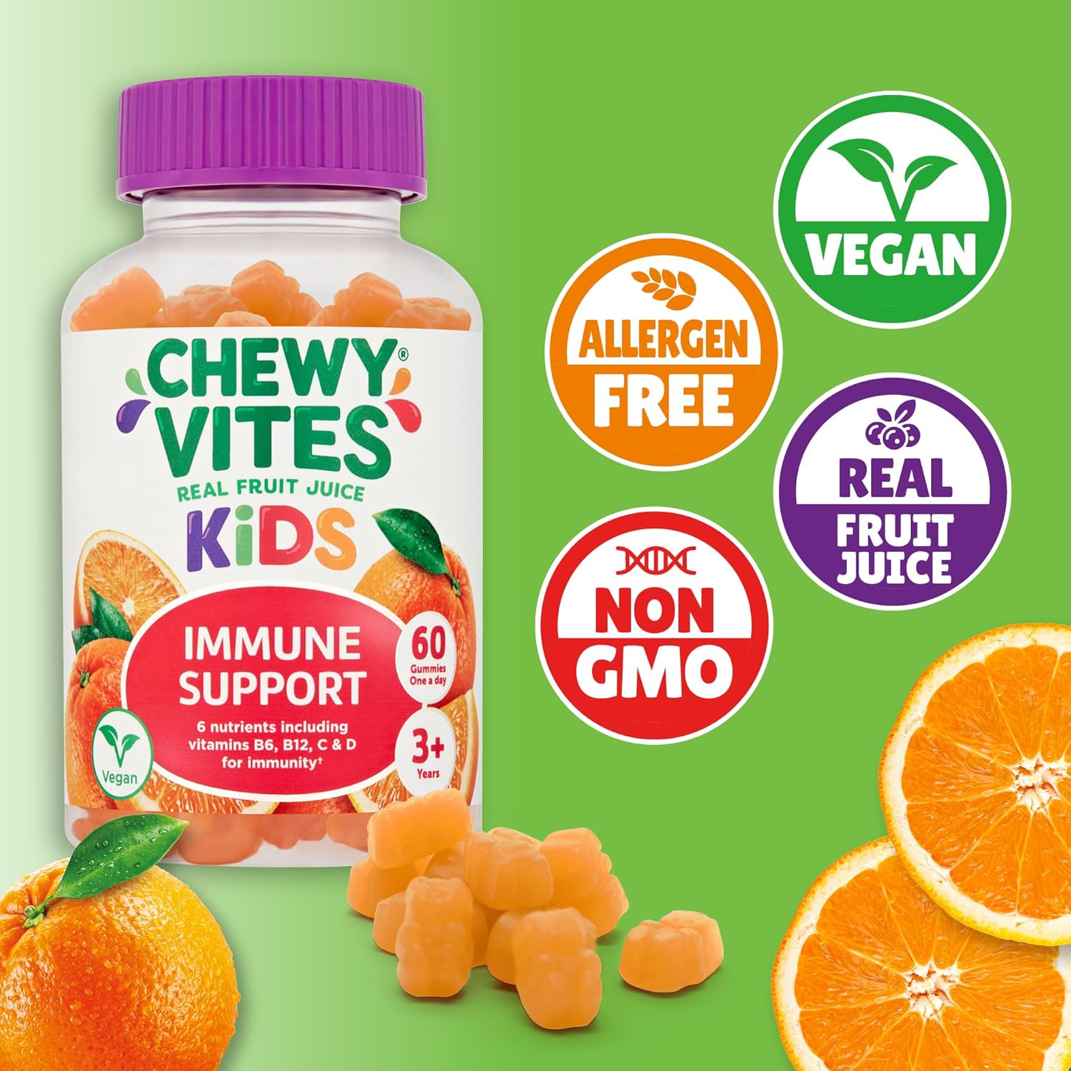 Chewy Vites Kids Immune Support, 60 Kids Vitamins Gummies, High Strength Vitamin D, Vit C, B6, B12, Zinc, Selenium, 2 Months Supply, Real Fruit Juice, Vegan, Age 3 +, Orange Flavour : Amazon.co.uk: Health & Personal Care
