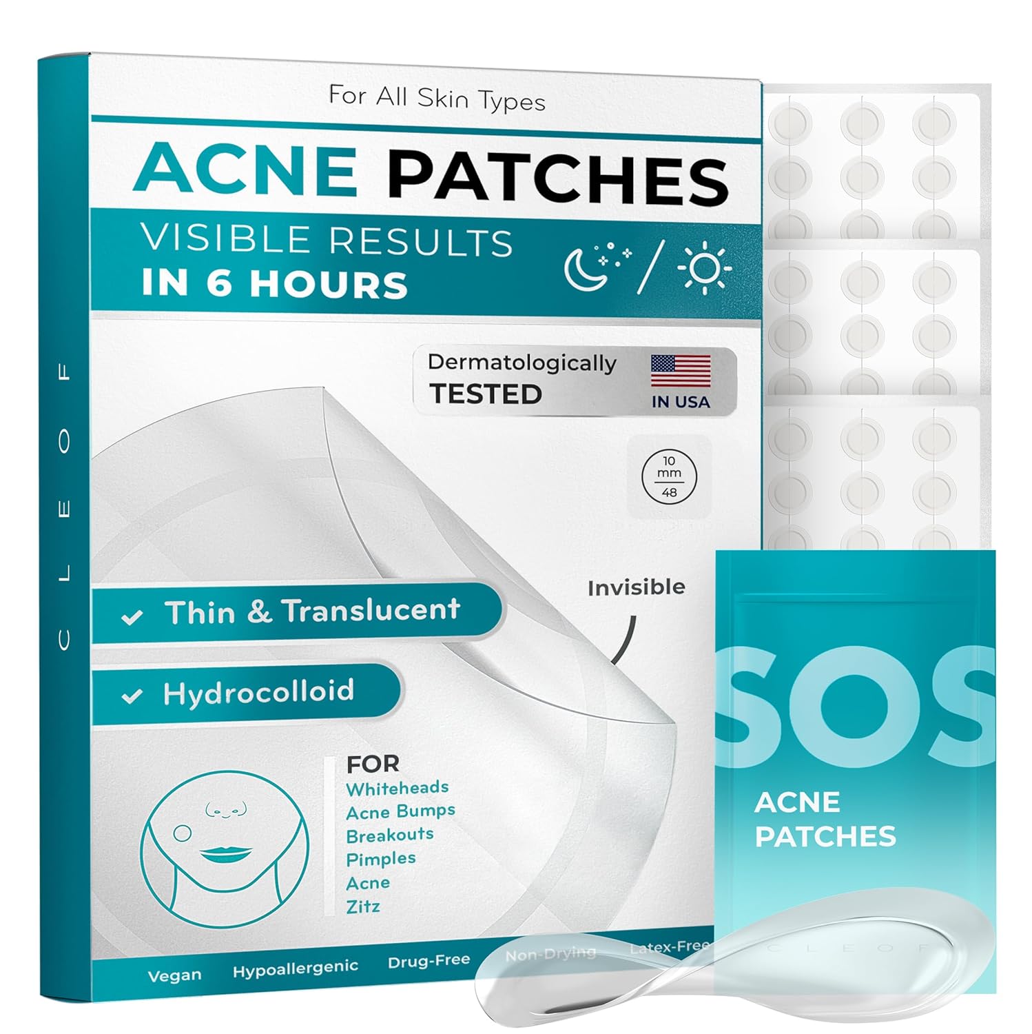Cleof Pimple Patches For Face & Body - Overnight Use, Invisible Acne Patch For Zits, Spots, Pimples, Whiteheads, Vegan, Cruelty-Free, Hypoallergenic Hydrocolloid Stickers (48 Count, 10Mm)