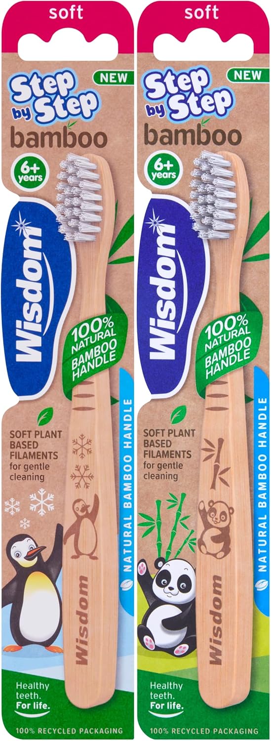 Wisdom Childrens Step By Step Bamboo Toothbrush - Kids 6+ - 2 Pack