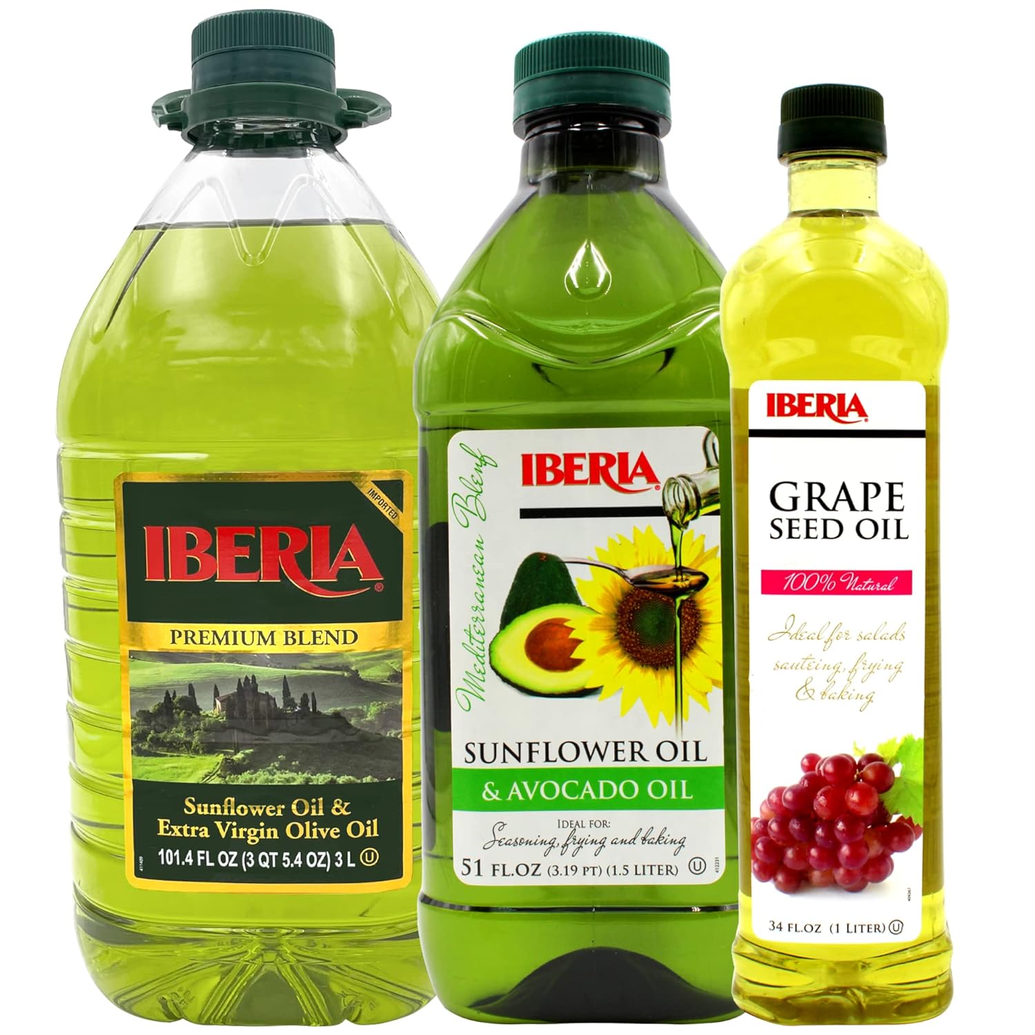 Iberia Sunflower & Extra Virgin Olive Oil Blend, 3 Liter + Iberia Avocado and Sunflower Oil, 51 fl. oz. + Iberia All Natural Grapeseed Oil, 34 fl. oz. : Grocery & Gourmet Food