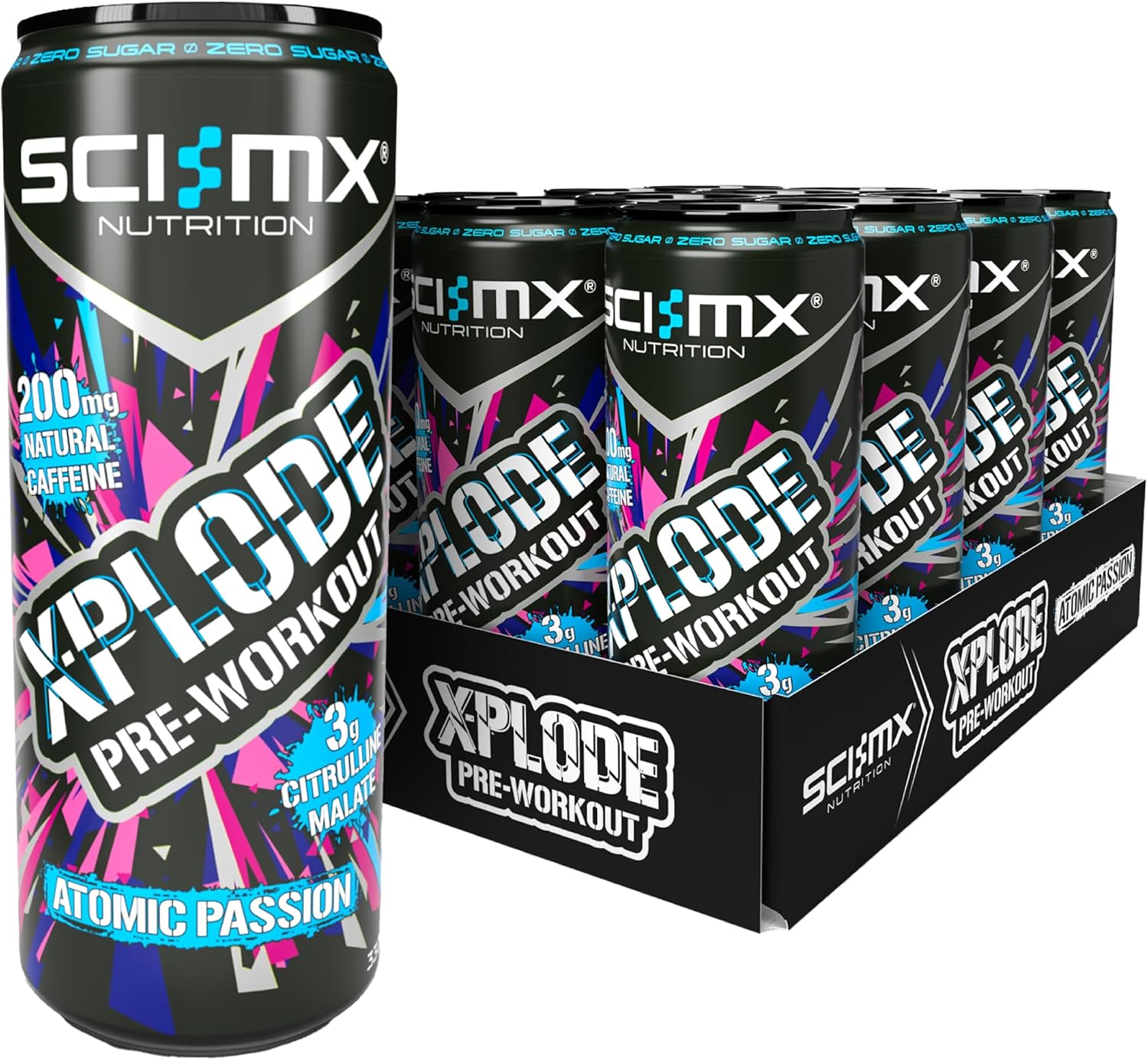 Sci-Mx X-Plode Pre-Workout Energy Drink - Sour Watermelon Flavour - 330Ml X 12 - 200Mg Natural Caffeine, 3000Mg Citrulline Malate, Vitamin B3, B6 + B12 - 24Kcal/Serving - Suitable For Vegans