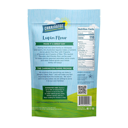 Carrington Farms - Lupin Flour - Keto And Vegan Friendly Ground Flour- Non Gmo, Gluten Free Lupin Flour - Low Carb, High Protein, Low Calorie - Fiber And Mineral Rich