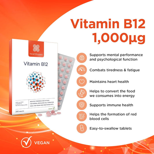 Healthspan Vitamin B12 1,000µg | 240 Tablets | Immune Support | Tiredness & Fatigue | One-A-Day Tablet | Easy To Swallow | Vegan