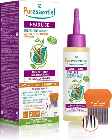 Puressentiel Head Lice Treatment Lotion & Head Lice Comb - Kills 100% Head Lice In Just 10 Minutes - 100% Natural Formula - Easy To Apply Lotion 100Ml - For Kids & Adults - Cruelty Free